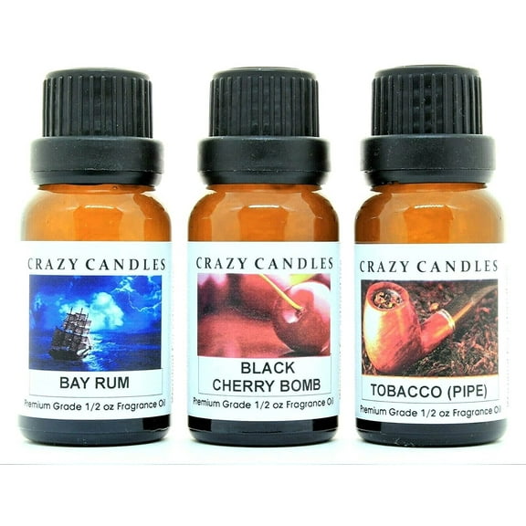 Crazy Candles 3 Bottles Set, 1 Bay Rum, 1 Black Cherry Bomb, 1 Tobacco (Pipe) 1/2 fl oz Each (15ml) Premium Grade Scented Fragrance Oils