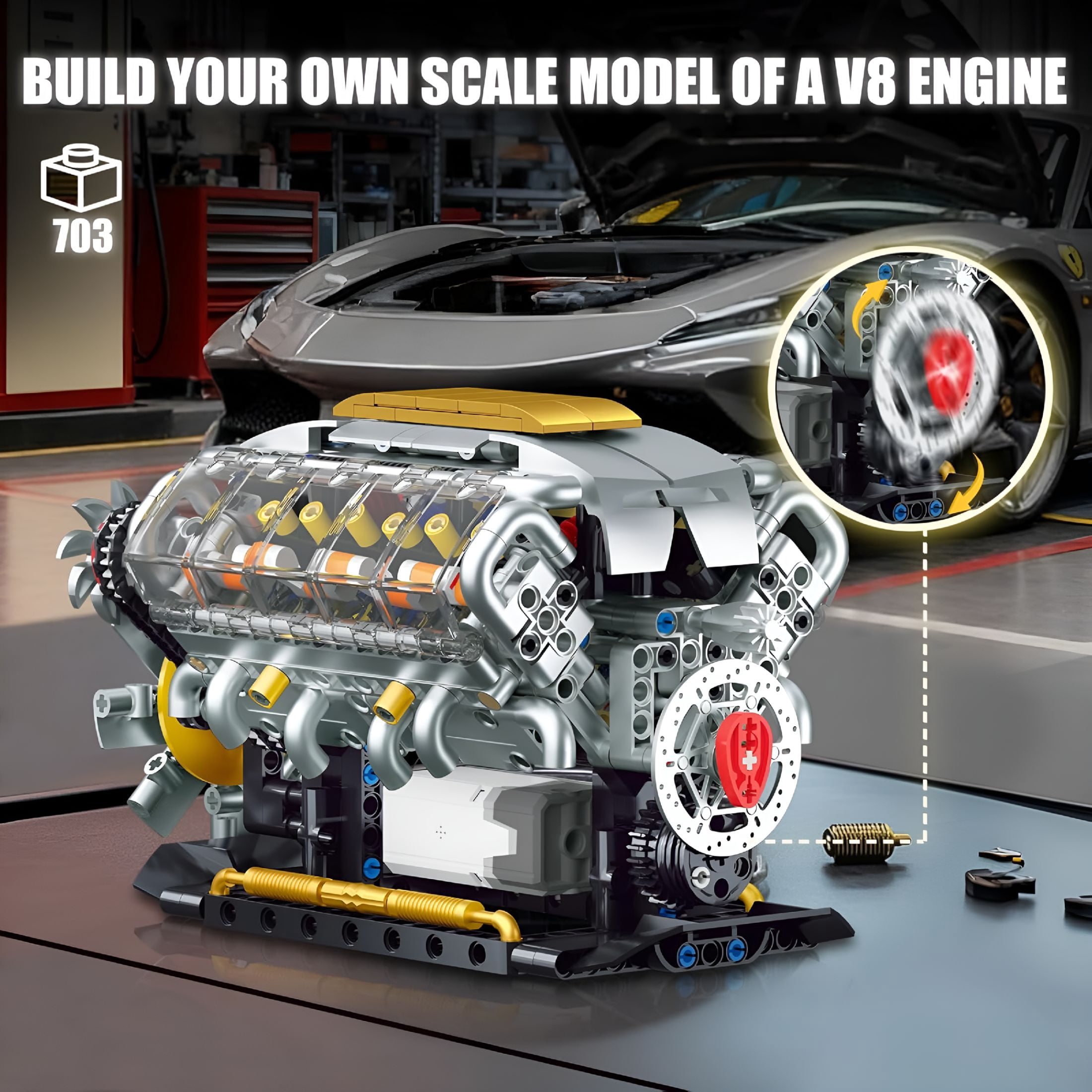 BESTSKY Engine Model Kit That Runs,Build Your Own Mini Visible Car Motor,Physical Science Experiment Building Set for Adults&Teens,Stem Toy Gift for Boys 14+(703 Pcs)