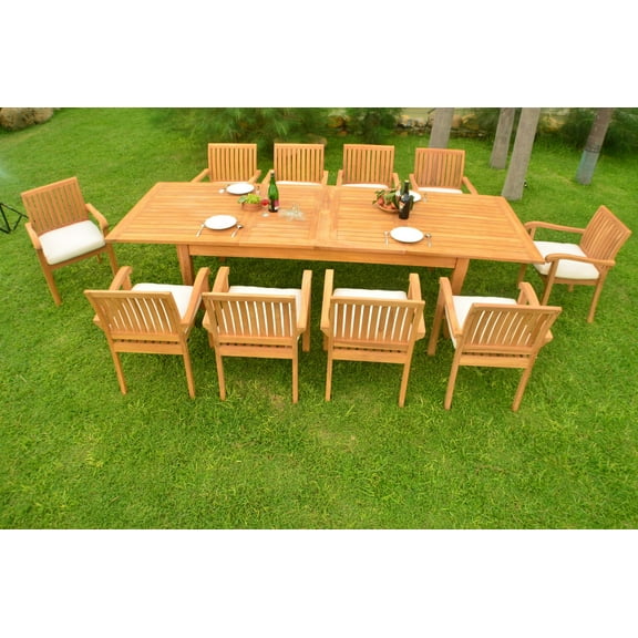 Teak Dining Set:10 Seater 11 Pc Atnas 118" Premium Double Extension Rectangle Table, 10 Napa Stacking Arm Chairs Outdoor Patio Grade-A Teak Wood WholesaleTeak #WMDSNP13