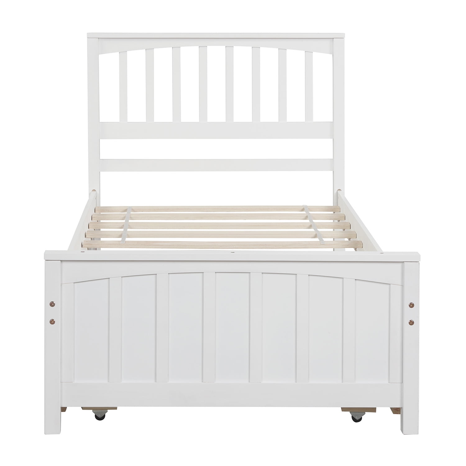 Gewnee Wood Twin Size Platform Bed with Trundle and Headboard for Kids,White