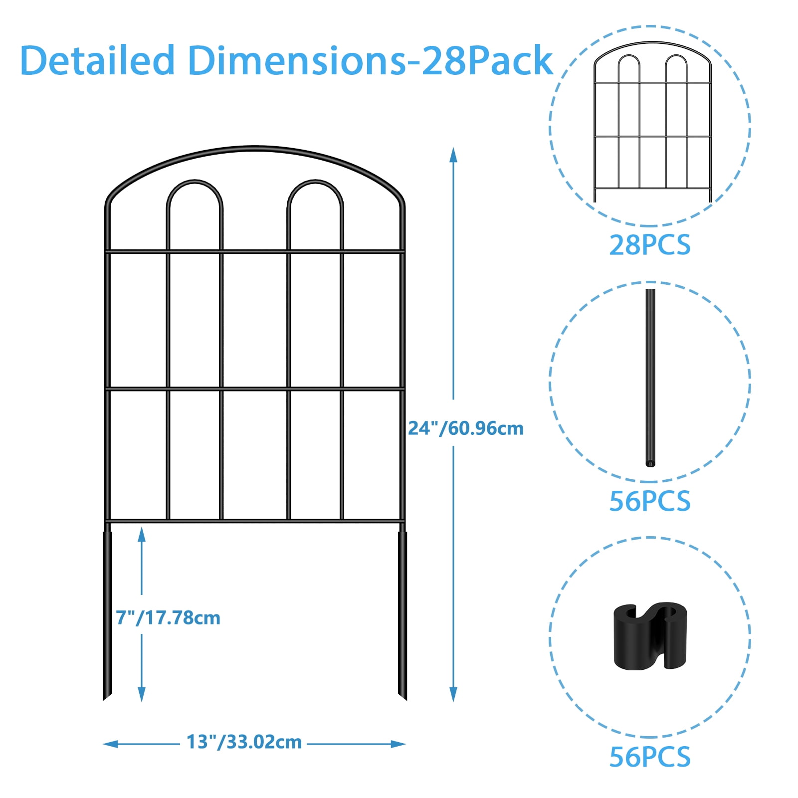 28-Pack Decorative Garden Fence – Double-Arc Metal Border, Rustproof Animal Barrier for Yard, Flower Bed, Patio (Black)