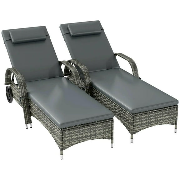 GVN Patio Lounge Chair Set,Outdoor Chaise Lounge Chair Set,2 Reclining Chaise Lounge Chairs, Rolling Outdoor Chairs with Cushion, Pillow, and Wheels, Gray