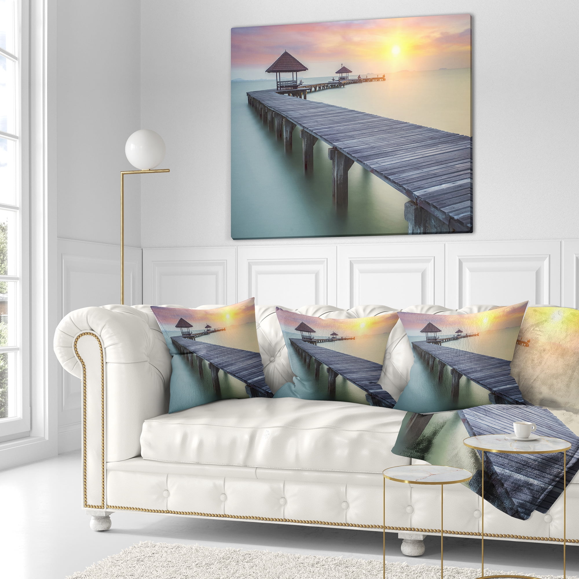 Designart Wooden Sea Bridge and Sunset - Seashore Photo Throw Pillow - 16x16