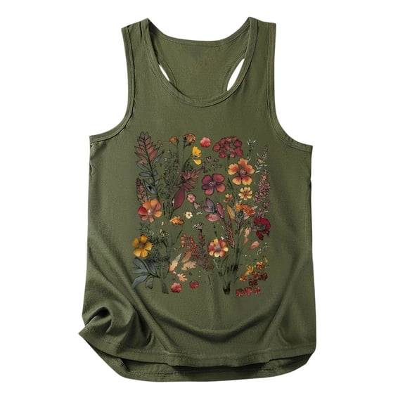 Wang6 Loose Fit Tank Tops for Women Causal Sleeveless Floral Printed T Shirts Crew Neck Racerback Graphic Tees Summer Tops Army Green XXL