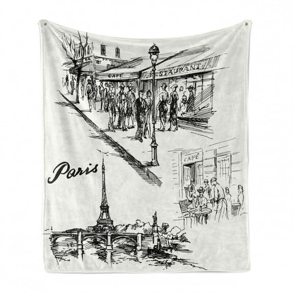 Eiffel Tower Soft Flannel Fleece Throw Blanket, Paris Sketch Style Cafe Restaurant Landmark Canal Boat Lantern Retro Print, Cozy Plush for Indoor and Outdoor Use, 50" x 60", Black White, by Ambesonne
