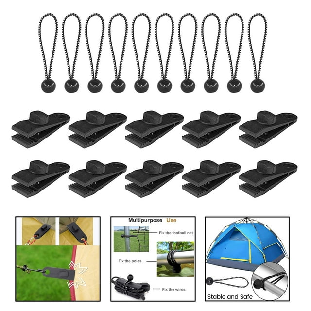 Clips de lona, agarre de bloqueo de resistencia, abrazaderas de carpa de tornillo para lonas con cordón elástico de bola para toldo, toldos, cu 10 Clip + Dot Bungee Macarena Abrazadera de clip para lona de tienda
