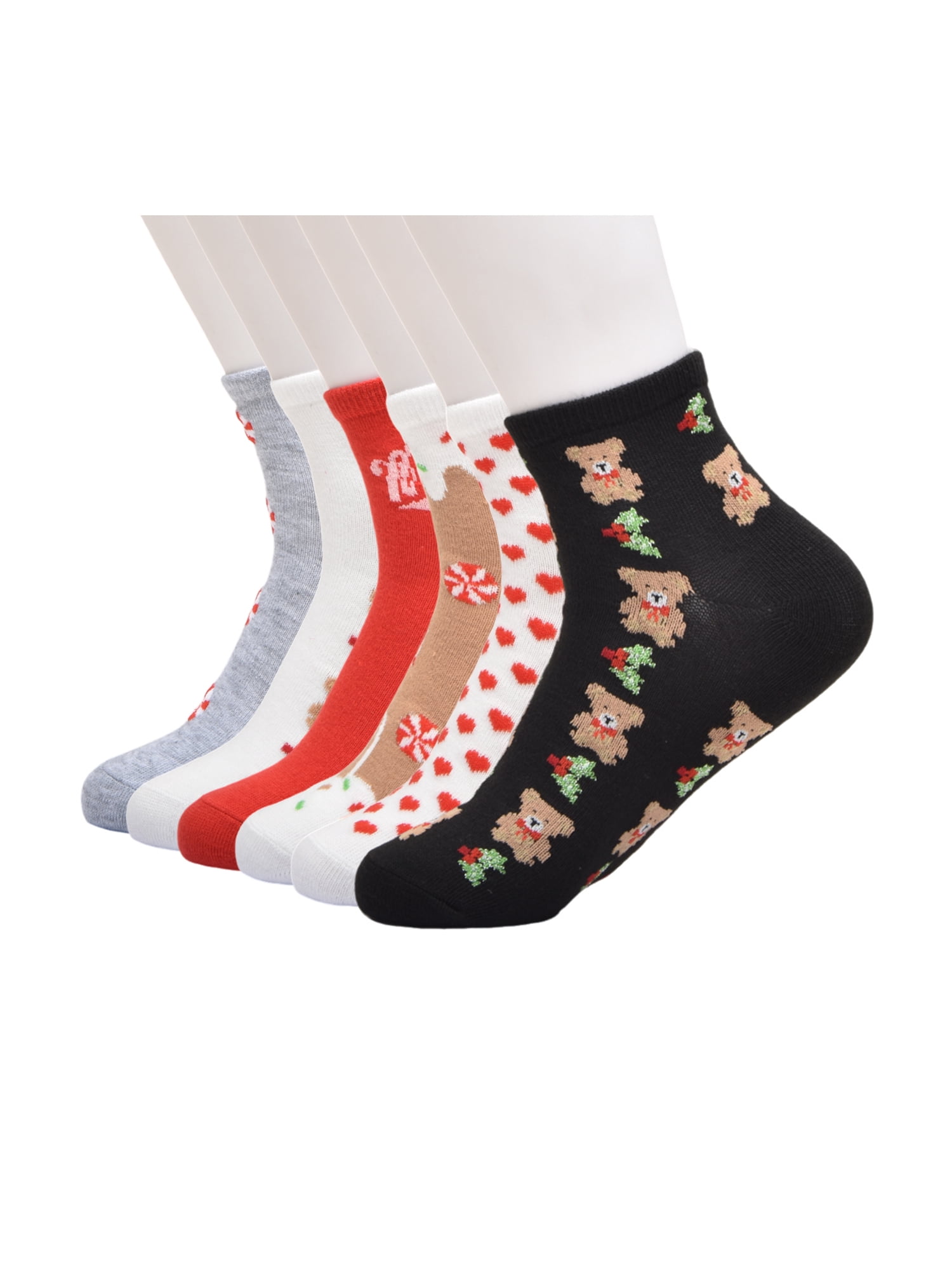 Wonder Nation Girls Teddy Bear and Holiday Quarter Crews Socks, 6-pack, Size Large (Shoe Size 3-9)