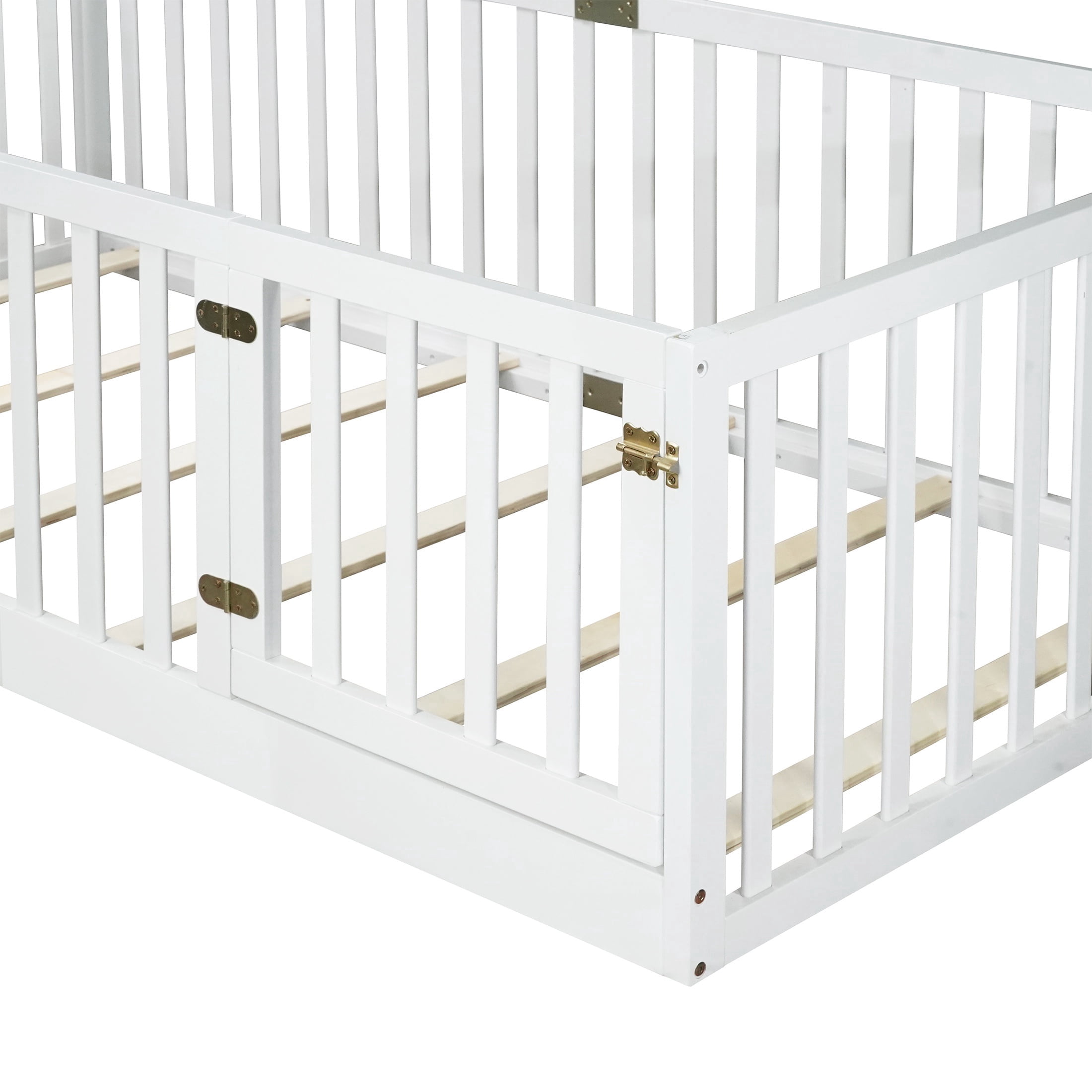 PORKISS Twin Size Floor Bed with Door and Fence, Twin Size Bed Frame with Bed Slats, Sturdy Wood Floor Bed for Kids, Boys, Girls, Montessori Bed Frame, White