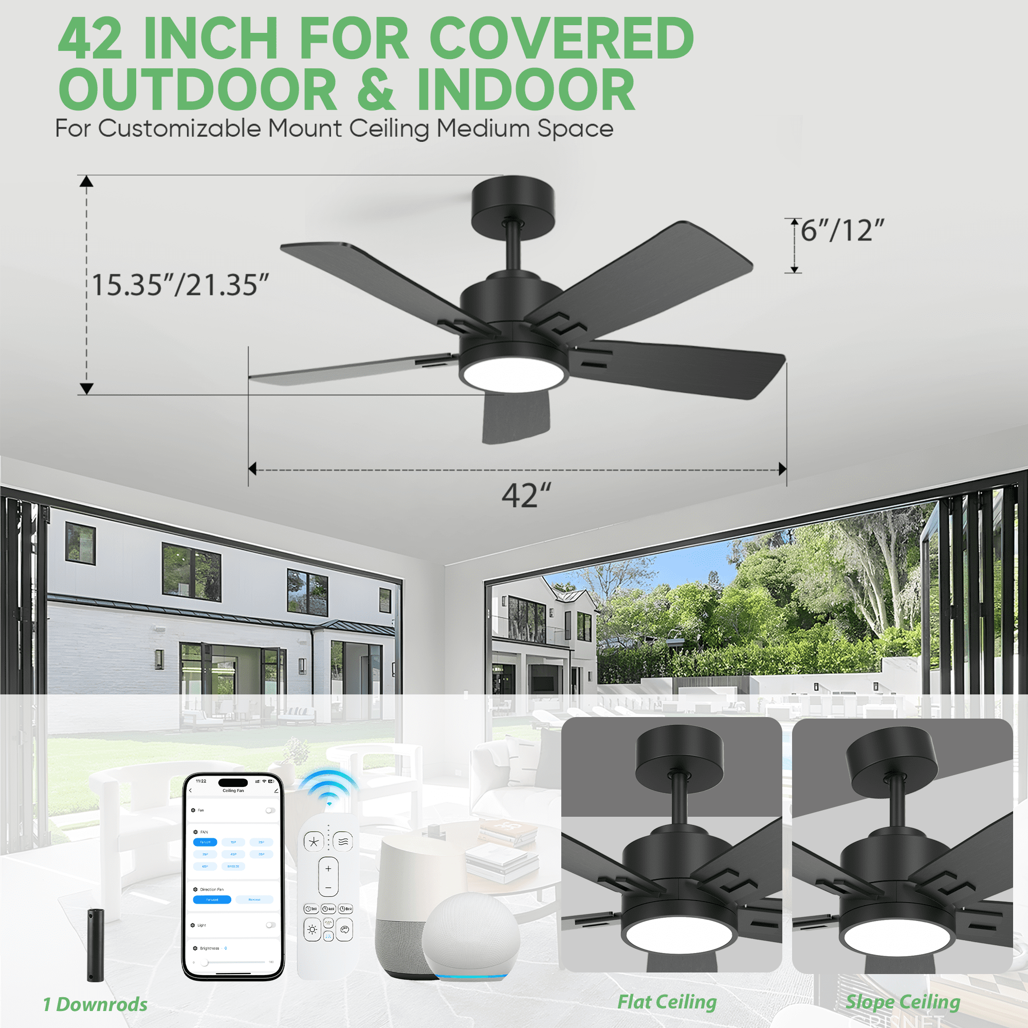 42 inch Smart Ceiling Fan with Light, Alexa/Tuya App Control, Indoor Outdoor Dual Finish 5 Blades Modern Farmhouse Small Fan for Bedroom Kitchen