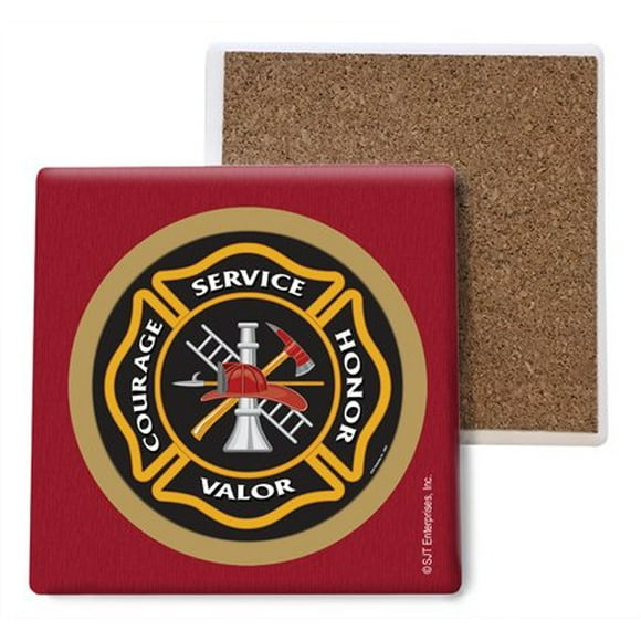 SJT ENTERPRISES, INC. Fire Department Absorbent Stone Coasters - Square Cork-Backed Coasters for Drinks - Red Color - 4 x 4 inches - Set of 4 (SJT96835)