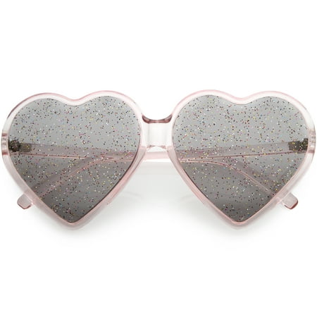 Women's Novelty Oversize Heart Sunglasses Smoke Glitter Lens 62mm (Pink / Smoke)