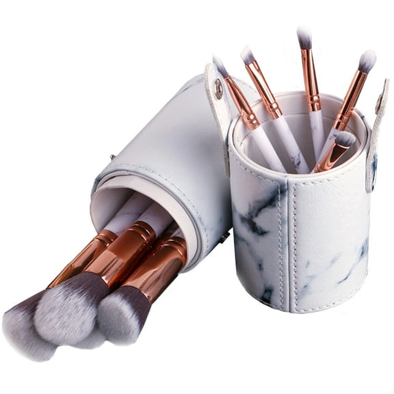 Beautiful White Marble Designed Makeup Brush Set with Cylinder Travel Organizer Case-10 Piece Holiday Gift