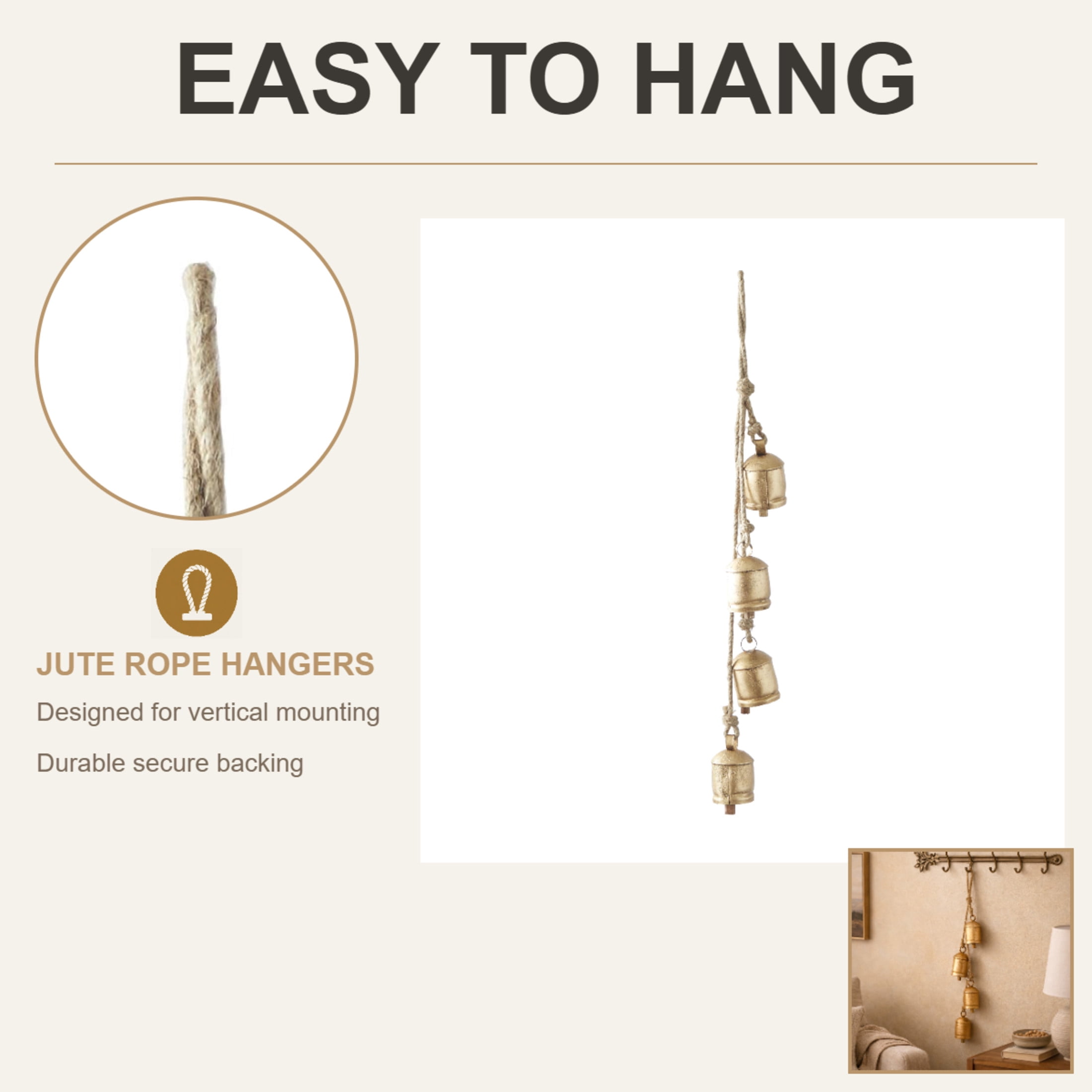 DecMode Tibetan Inspired Cascading Gold Metal Cylindrical Decorative Cow Bells with 4 Bells on Jute Hanging Rope