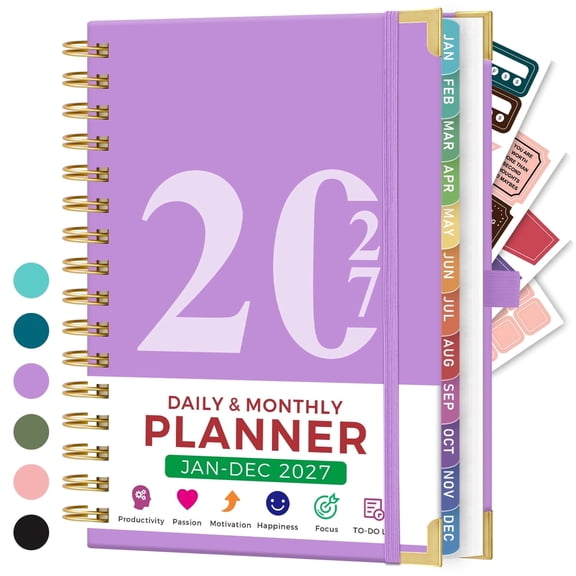 ROBCURSE 2027 Daily Planner, Jan 2027 - Dec 2027 Daily & Monthly Planner with Hourly Schedule, To-Do List, Ruler, Monthly Tabs, 4 Stickers, 6.5" x 8.4", Hardcover Appointment book for School Office