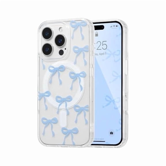 Magnetic for iPhone 15 Pro Max Case, Bow Case Compatible with MagSafe, Wireless Slim Clear Ribbon Aesthetic Phone Cover Anti-Yellowing Shockproof Protective Cover for Women Girl - Baby Blue