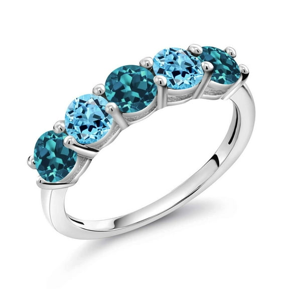 Gem Stone King 925 Sterling Silver London Blue Topaz and Swiss Blue Topaz Wedding Band Ring for Women (1.06 Cttw, Round 3.5MM, Gemstone November Birthstone, Size 5)