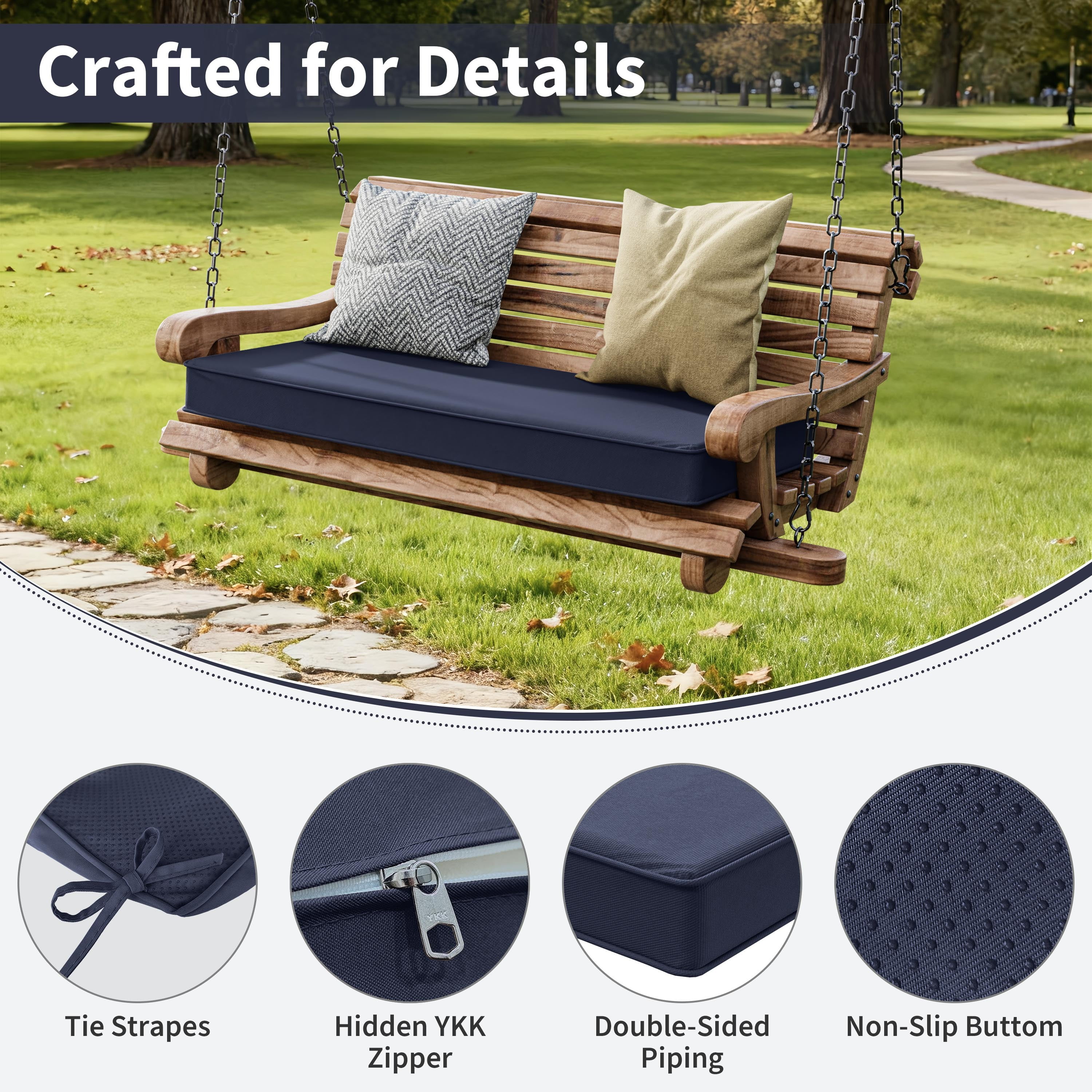Kimunuk All-Weather 42" x 18" x 3.5" Outdoor Bench Cushion, Water-Repellent Swing Cushions with Handle, Navy Blue