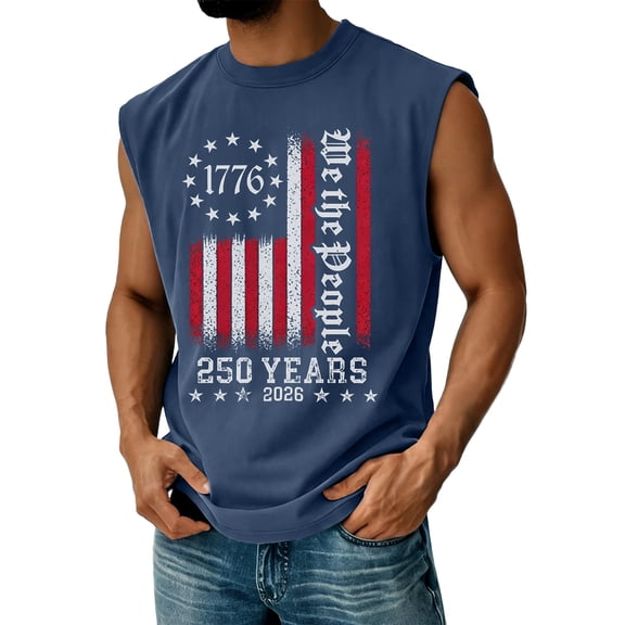 250 Anniversary Usa Shirts for Men Independence Day 4th Of July Tank Tops American Flag Graphic Sleeveless Patriotic Tee We the People Round Neck Spring Summer Vest,Blue 2XL