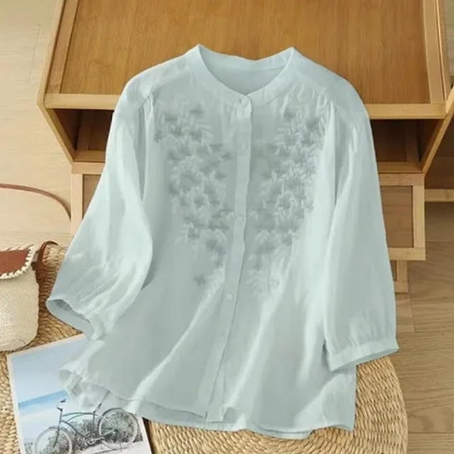 TaTaai Women's Loose Linen Embroidered Stand Collar Half Sleeve Tops Solid Color Casual Lightweight Soft Blouses for Daily Office Vacation Wear Gift