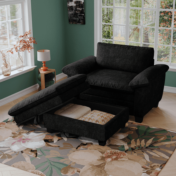 Lovableguy Oversized Chaise Lounge Chair Indoor,Chenille Armchair with Storage Ottoman,Comfy Reading Chair Sofa Chair for Living Room,Bedroom,Black