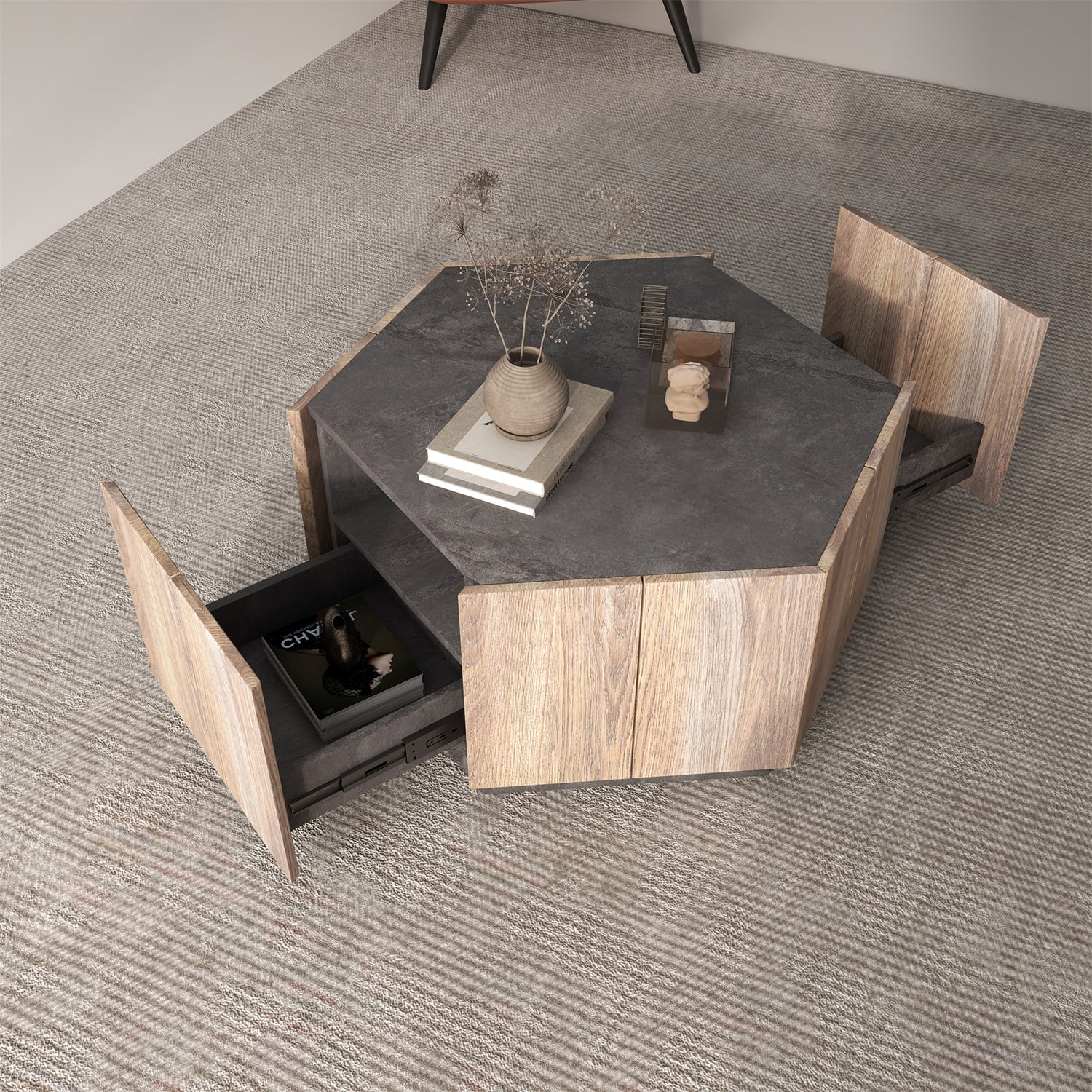 Kadyn Hexagonal Rural Style Retro Coffee Table, Particle Board Coffee Table for Living Room, Modern Particle Board Sofa Side Table with 2 Drawers, Light Brown Kadyn Hexagonal Rural Style Retro Coffee Table, Particle Board Coffee Table for Living Room, Modern Particle Board Sofa Side Table with 2 Drawers, Light Brown