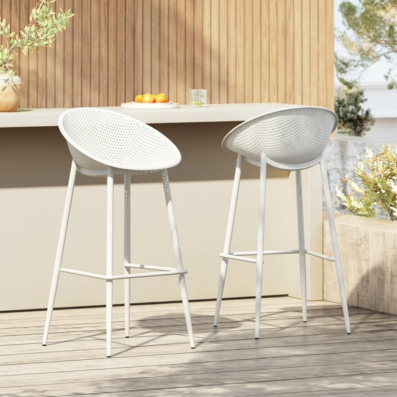 Bar Stools, Set of 2 Outdoor Bar Stools Plastic Resin With Iron Frame, Modern Diamond Mesh Pattern Weather Resistant For Patio Deck, White