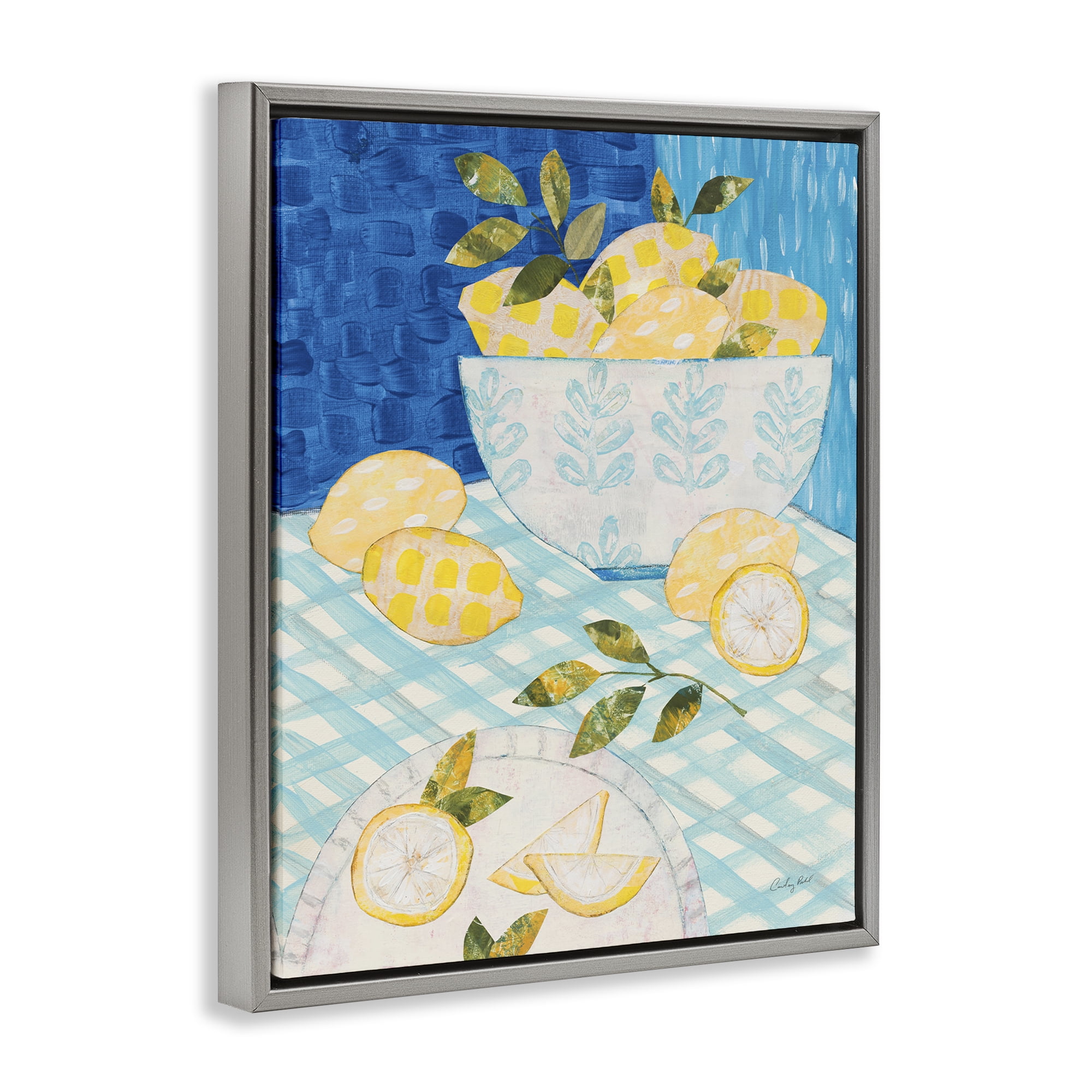 Stupell Industries Patterned Lemons Tablescape Food & Beverage Painting Gray Floater Framed Canvas Art Print Wall Art, 17 x 21