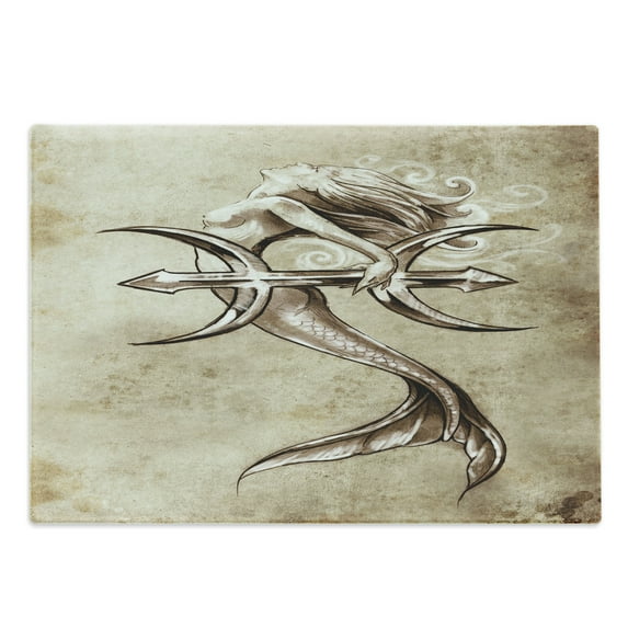 Mermaid Cutting Board, Vintage Girl in the Sea an Anchor Mythical Aquatic Creature Graphic Art, Decorative Tempered Glass Cutting and Serving Board, Large Size, Beige Brown, by Ambesonne