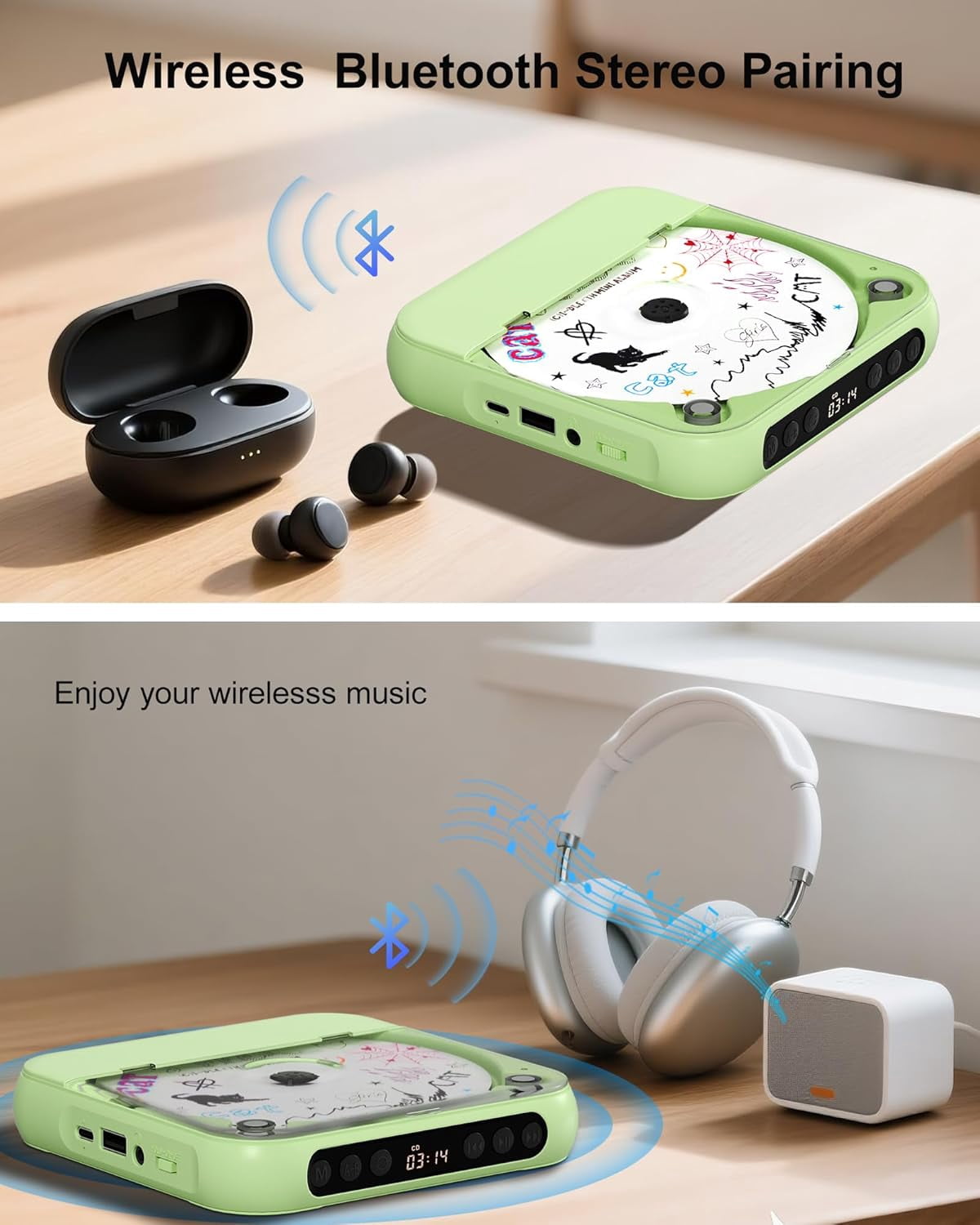 otnbgsr Portable CD Player Bluetooth 2026 Upgrade Rechargeable Music Player Dual Speakers LCD Display Support CD USB AUX MP3 with Headphones