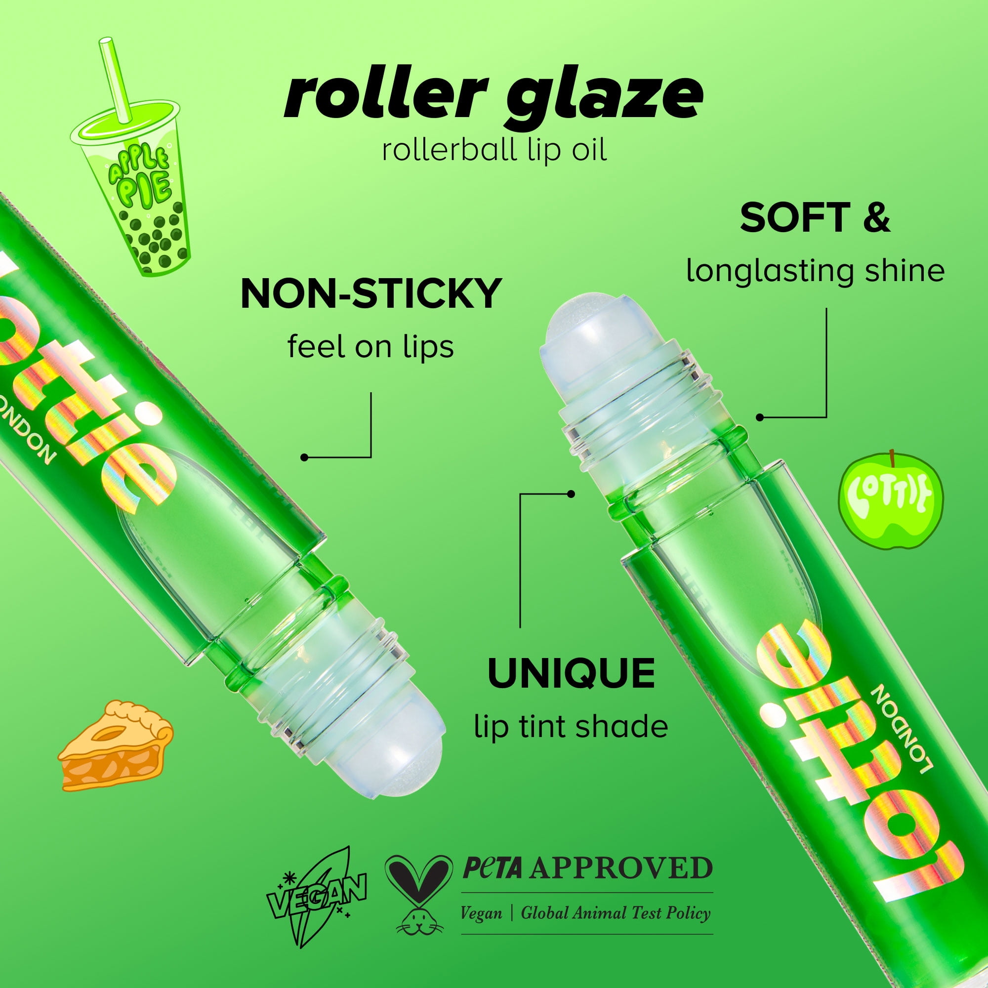 Lottie London Roller Glaze Apple, Rollerball pH Color Changing Lip Oil in Green, 0.23 fl oz