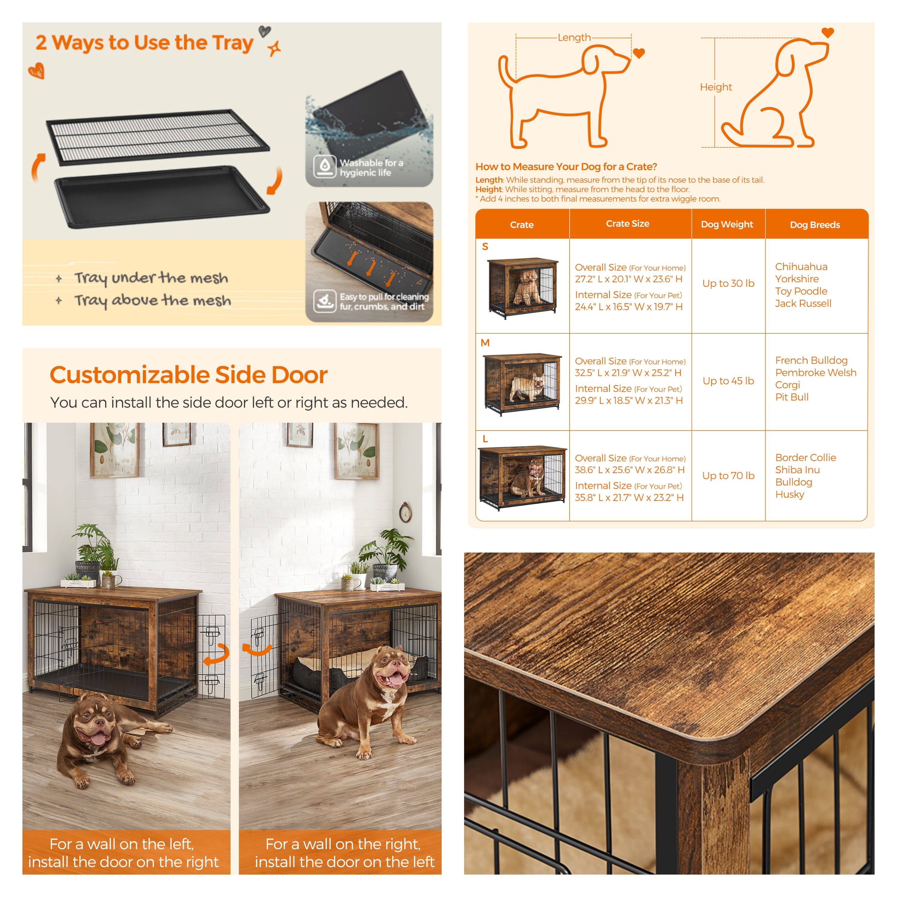 LEDREM Dog Crate Furniture, 38.6-Inch Indoor Dog Kennel with Double Doors, Removable Tray, Side Table, for Dogs up to 70 lb, Rustic Brown