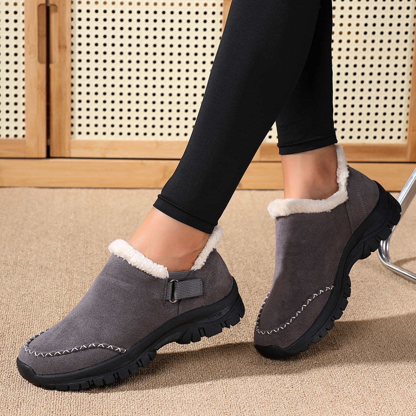 Dakaela Womens Winter Snow Boots Fleece Lined Hiking Slip on Loafers Sneakers Outdoor Plush Short Booties Shoes Grey 9