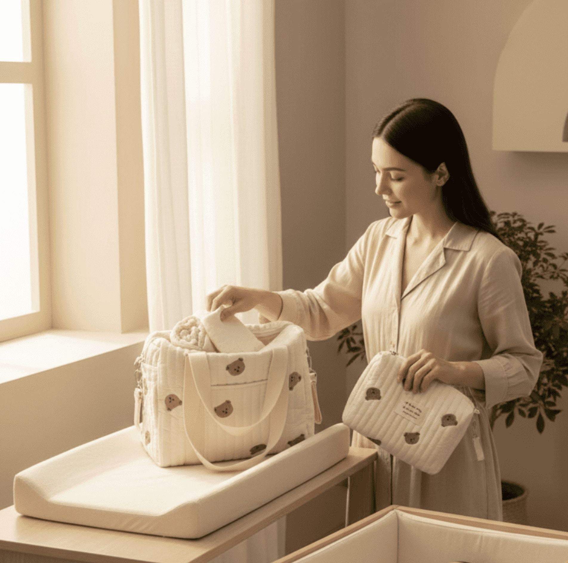 Set of 3 (TRAVEL BAG + STROLLER BAG + POUCH FULL BEARS)  - Baby Bag Set 100% Cotton Bear Print