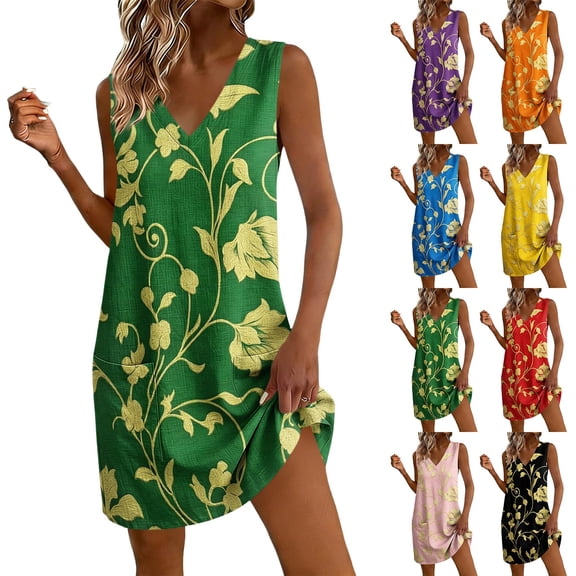 Womens Summer Short Dresses Plus Size Floral Printed V-Neck Sleeveless Casual Summer A-Line Loose Dress with Pockets