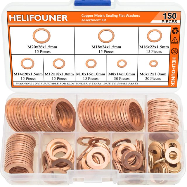HELIFOUNER Arandelas de cobre 150PCS 8 tamaños Arandelas de sellado métricas de cobre Kit surtido de arandelas planas