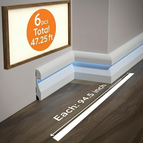 6-Piece 94.5″ (47.25 ft) LED Baseboard & Crown Molding with Duct Kit for Seamless Ambient Home Accent Lighting | Waterproof Channel for Easy LED Strip Installation (Baseboard Molding | ASL-002-A)