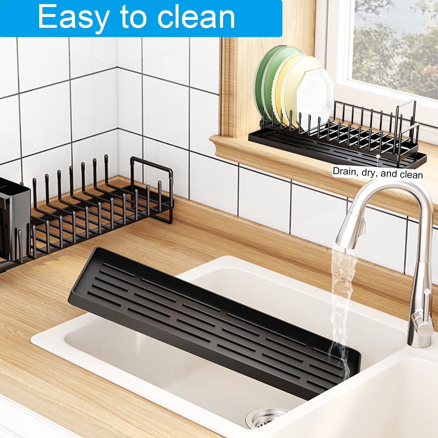 BTideas Dish Drying Rack for Kitchen Counter,16.5×6.7'' Cutlery Holder for Plates,Cups,Bowls（Black）