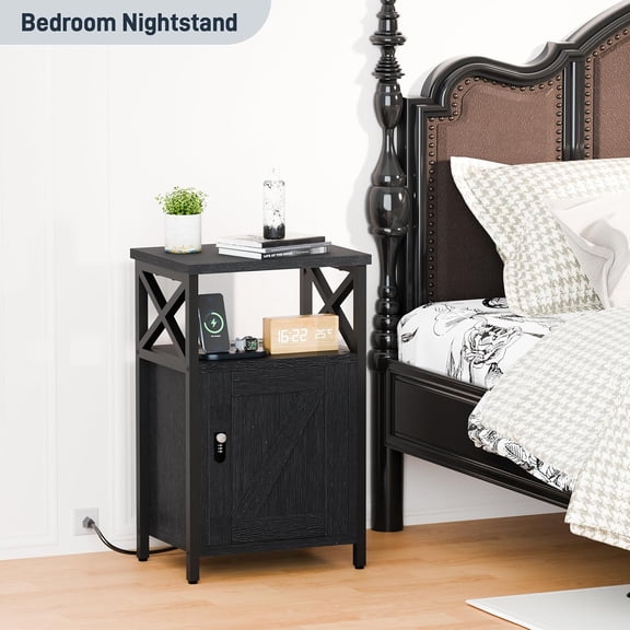 Wooden Nightstand with Charging Station, Bed Side Table with Drawers, Lock, 3 USB & 2 Outlets, Storage Cabinet for Bedroom