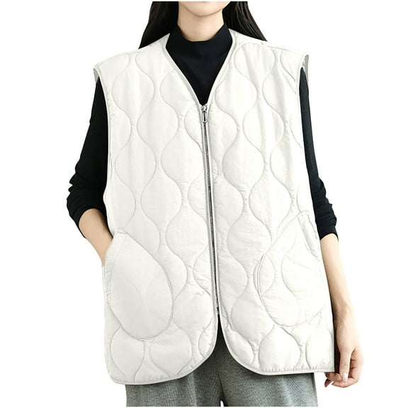 Full Zip Puffer Jacket without Hood Womens Sleeveless Quilted Coat with Pockets V Neck Lightweight Casual Outwear (S, White)