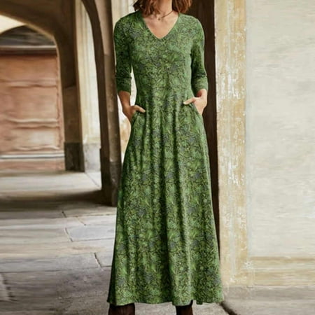 

AXXD dresses for teens Fashion Flowers Print Long Sleeve Casual Pocket Loose Vintage Long Dress black dress shoes for men princess dresses