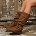 thumbnail image 2 of HEWUQI Short Cowboy Boots for Women Slouchy Mid Calf Round Toe Side Zipper Flats Adjustable Buckle Decor Comfortable Winter Fall Shoes Brown Size 7, 2 of 7