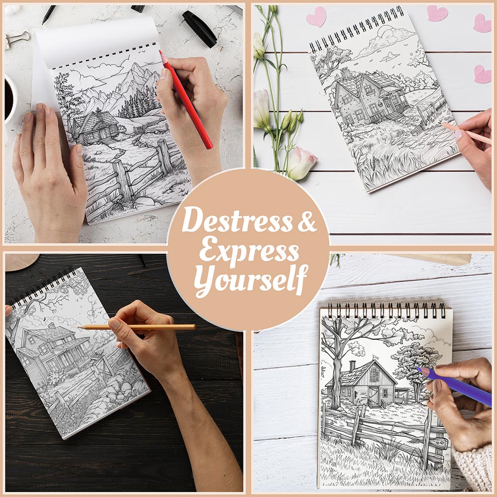 Netecom Rustic Country Coloring Book Spiral Bound for Adults, A5 Wooden Cover, 30 Charming Coloring Pages of Cozy Cottages for Stress Relief and Relaxation