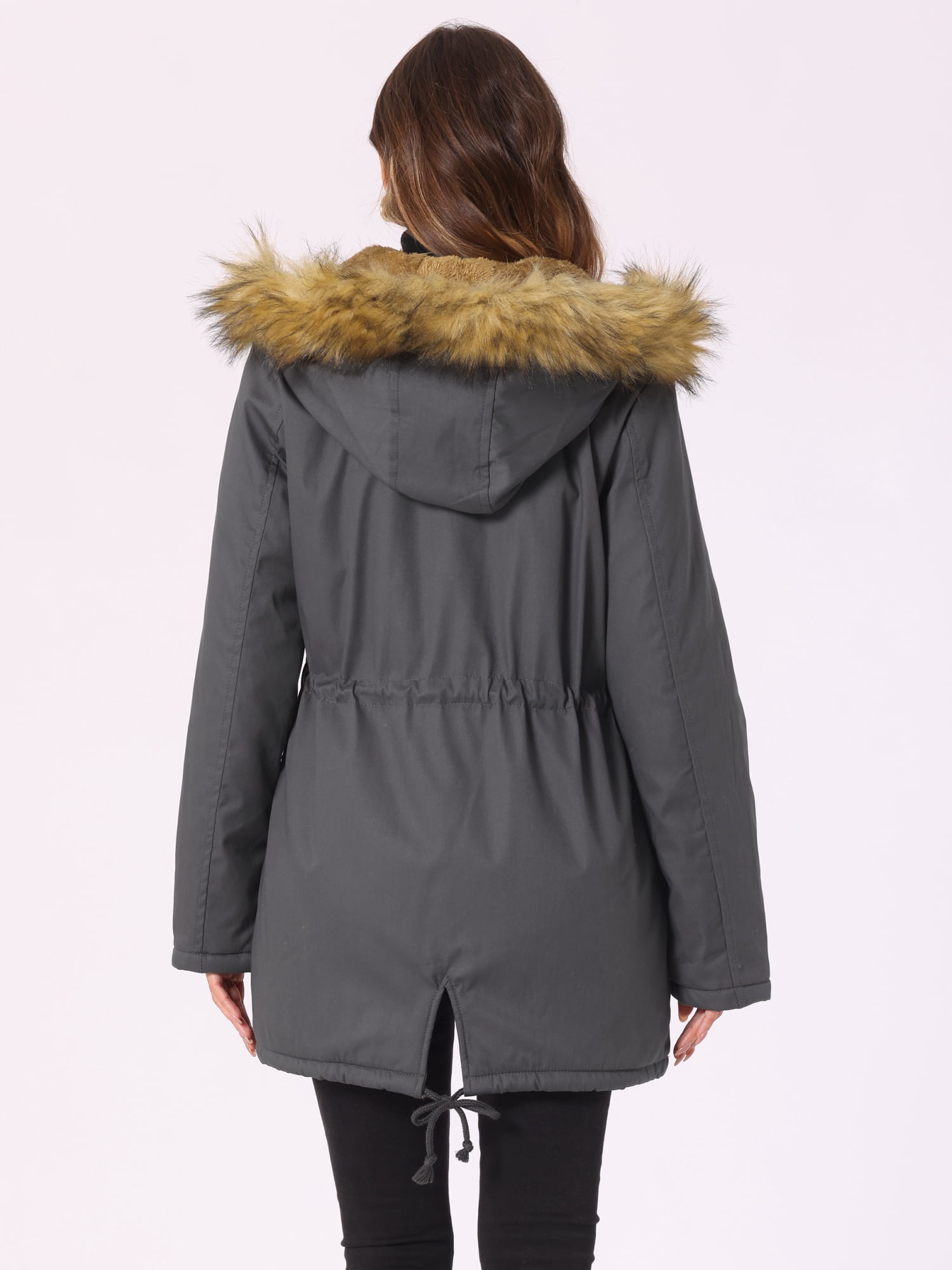 Unique Bargains Women Windproof Winter Parka Puffer Coat with Faux Fur Hood M Gray
