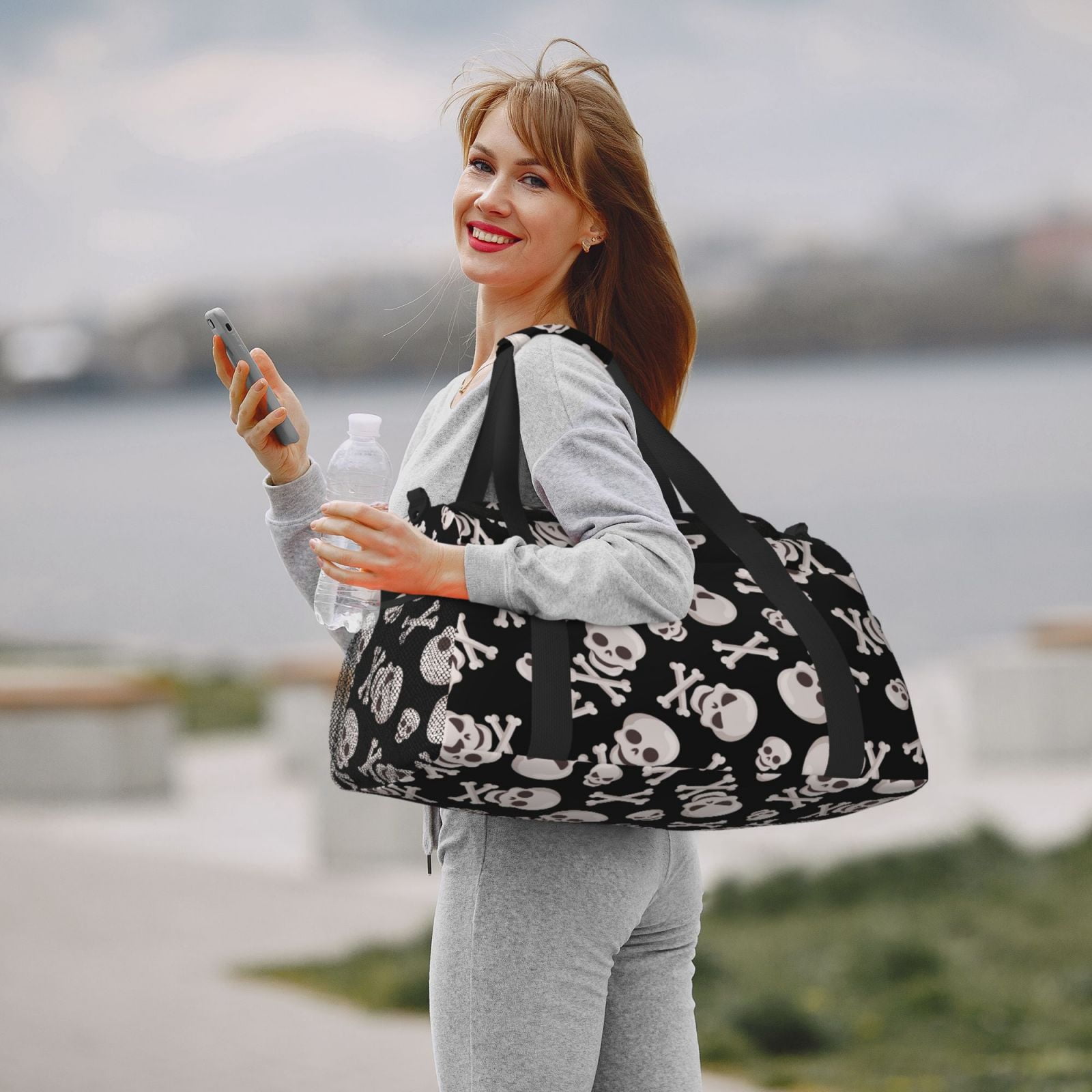 Horeoi black white Skull bone for Travel Duffle Bag with Adjustable Strap - Large Capacity Hand Carry for Gym Sports Outdoor