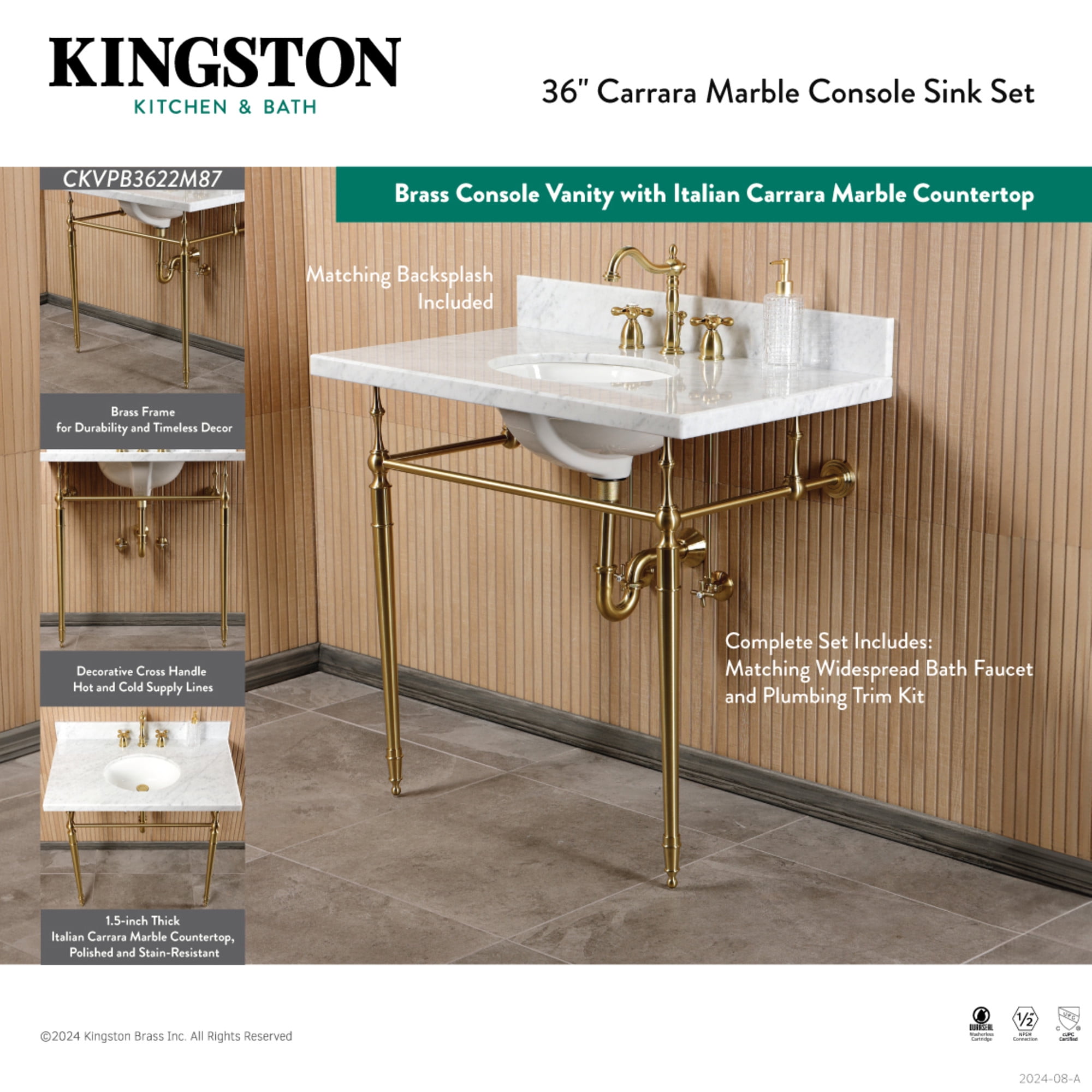Kingston Brass CKVPB3622M87 Edwardian 36" Carrara Marble Console Sink Set with Widespread Bathroom Faucet and Plumbing Trim Kit (8-Inch, 3-Hole), Carrara Marble White/Brushed Brass