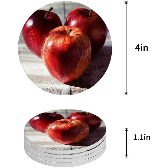 ZHANZZK Red Apple Set of 6 Round Coaster for Drinks, Absorbent Ceramic Stone Coasters Cup Mat with Cork Base for Home Kitchen Room Coffee Table Bar Decor