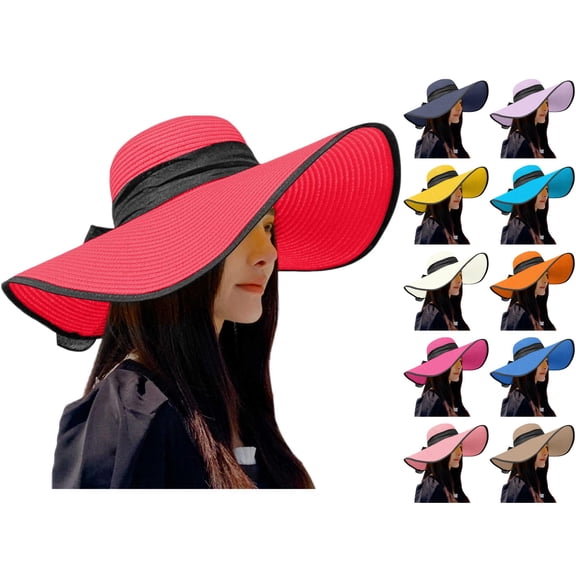 Vrotazzy Women Big Straw Wide Brim Sun Hats Floppy Roll Up Beach Cap Summer