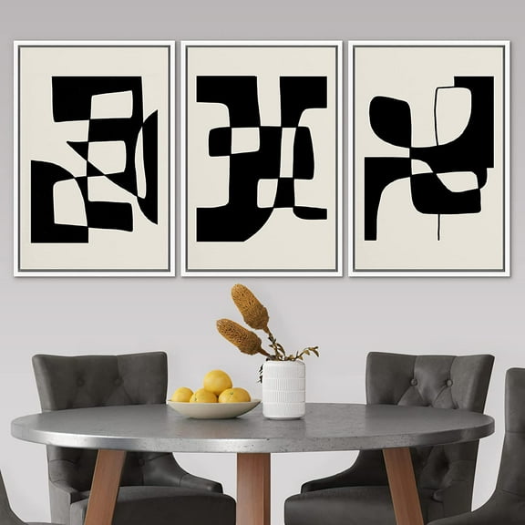 PixonSign Framed Canvas Print Wall Art Set Duotone Mid-Century Geometric Figure Collage Abstract Shapes Illustrations Modern Art Boho Decorative for Living Room, Bedroom, Office - 24"x36"x3 WHITE