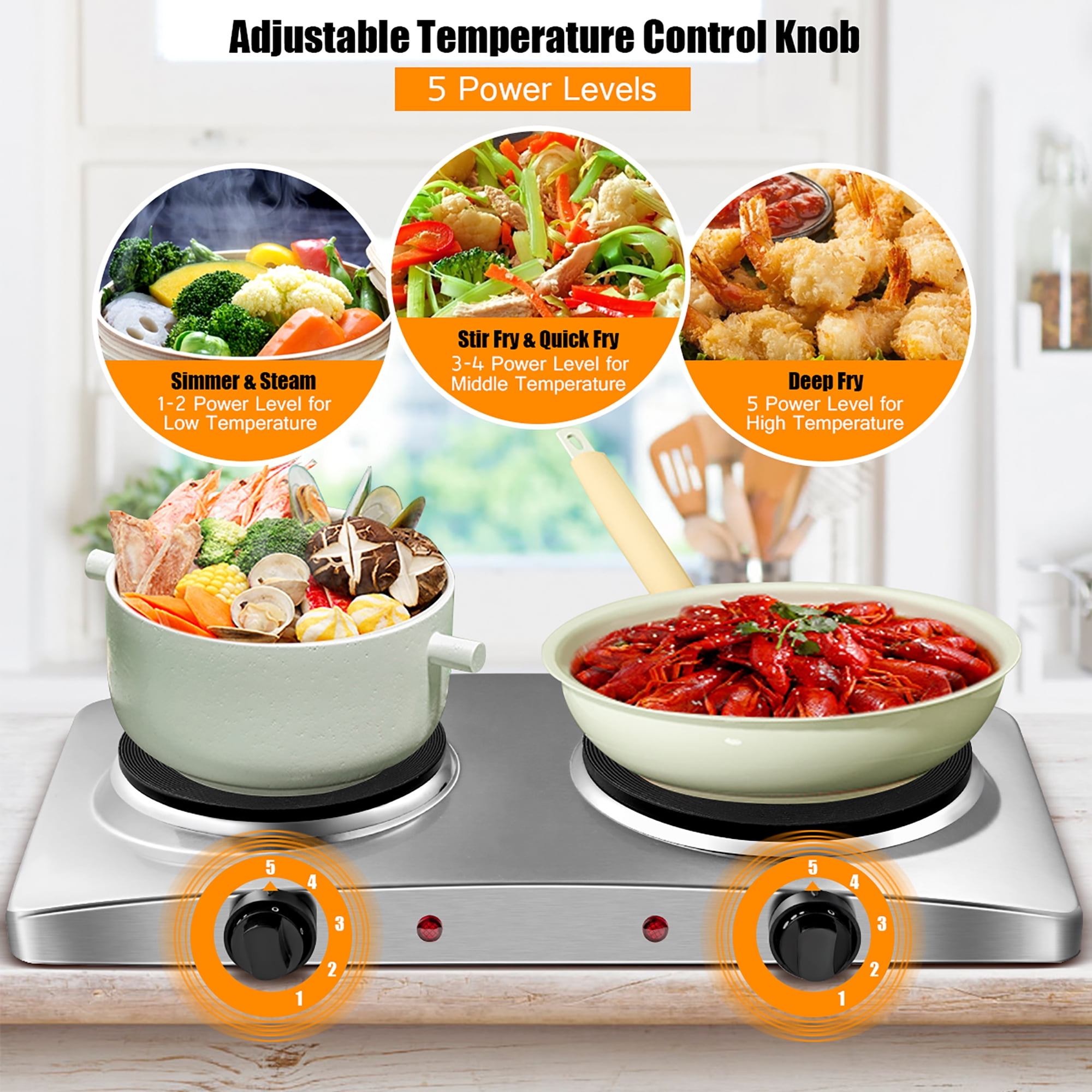 1800W Double Hot Plate Electric Countertop Burner Stainless Steel 5 Power  Levels in 2023