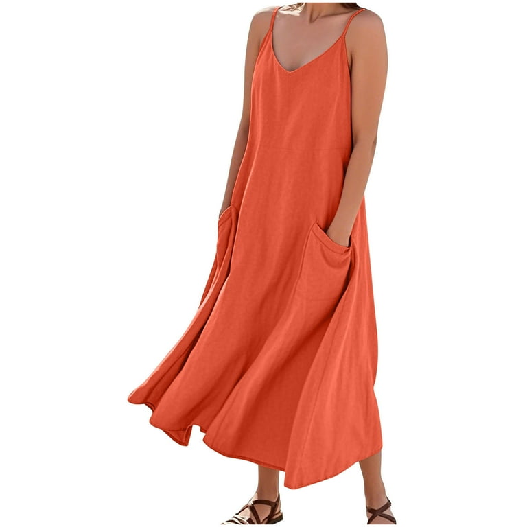 Lenago Maxi Dresses for Women Solid Color Women's Spaghetti Strap Dress with Side Pockets Strappy Dress Cotton Linen Summer Vacation Beach Party Plus Lenago Maxi Dresses for Women Solid Color Women's Spaghetti Strap Dress with Side Pockets Strappy Dress Cotton Linen Summer Vacation Beach Party Plus
